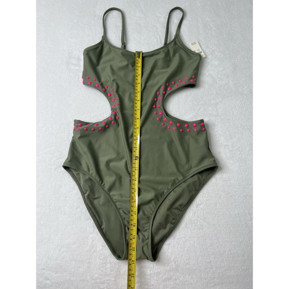 Aerie Womens Cut Out Full Coverage One Piece Olive Green Swimsuit Bathing Suit M - Picture 8 of 9